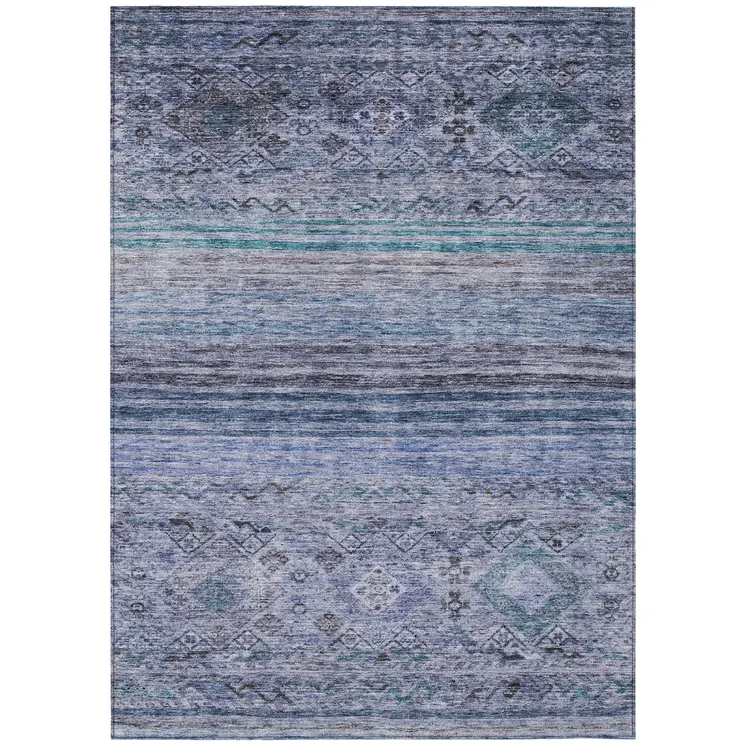 3' X 5' Blue Aqua And Charcoal Floral Washable Indoor Outdoor Area Rug