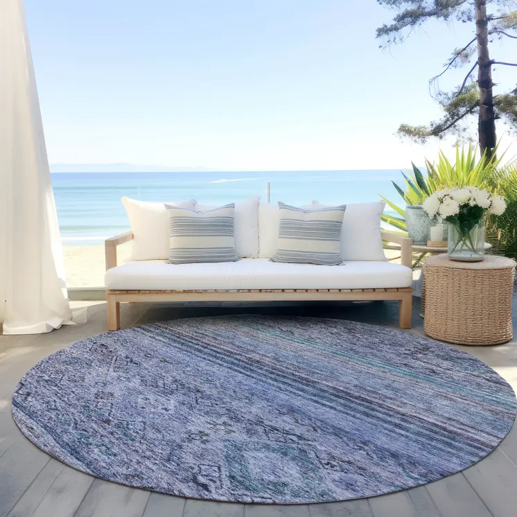 8' Blue Aqua And Charcoal Round Floral Washable Indoor Outdoor Area Rug