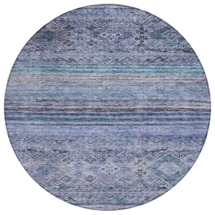 8' Blue Aqua And Charcoal Round Floral Washable Indoor Outdoor Area Rug