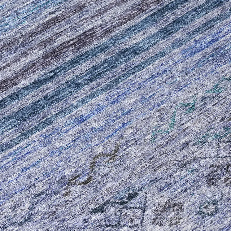 8' Blue Aqua And Charcoal Round Floral Washable Indoor Outdoor Area Rug