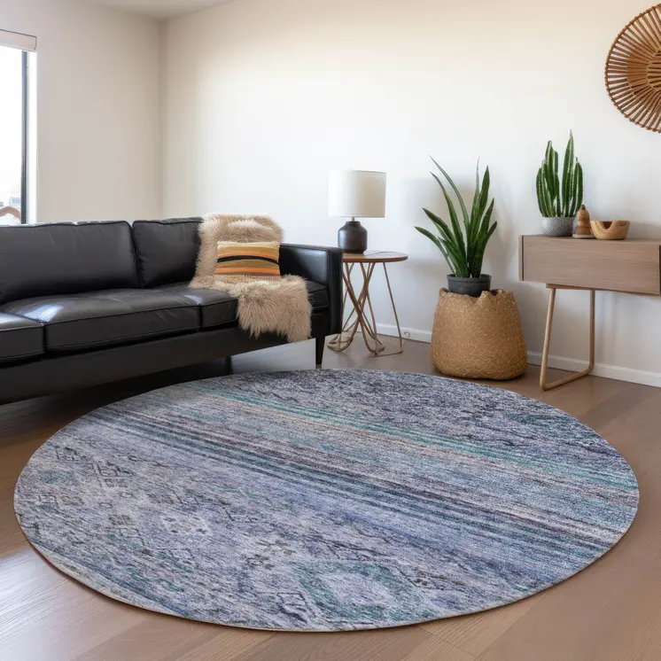 8' Blue Aqua And Charcoal Round Floral Washable Indoor Outdoor Area Rug