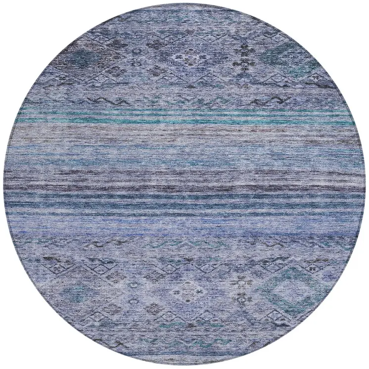 8' Blue Aqua And Charcoal Round Floral Washable Indoor Outdoor Area Rug