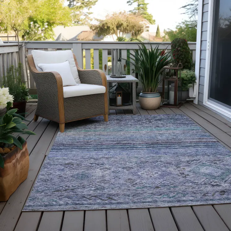 8' X 10' Blue Aqua And Charcoal Floral Washable Indoor Outdoor Area Rug