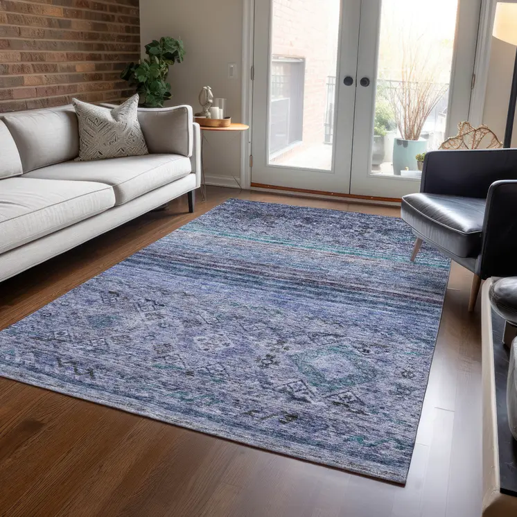 8' X 10' Blue Aqua And Charcoal Floral Washable Indoor Outdoor Area Rug