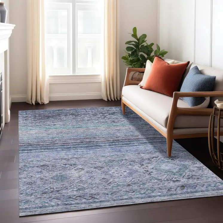 9' X 12' Blue Aqua And Charcoal Floral Washable Indoor Outdoor Area Rug