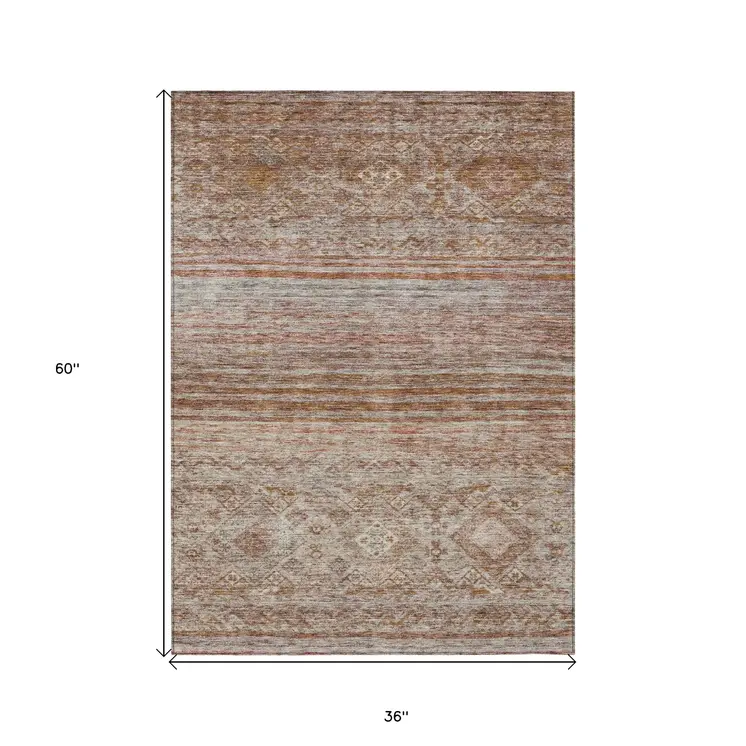 3' X 5' Copper Tan And Beige Floral Washable Indoor Outdoor Area Rug