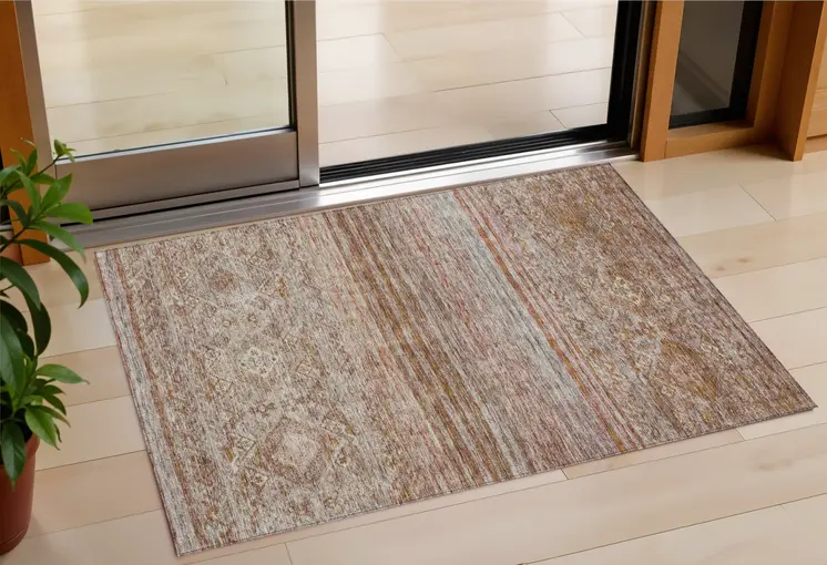 3' X 5' Copper Tan And Beige Floral Washable Indoor Outdoor Area Rug