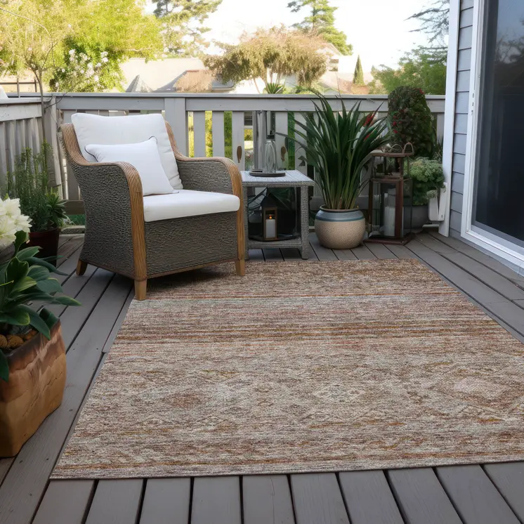 5' X 8' Copper Tan And Beige Floral Washable Indoor Outdoor Area Rug