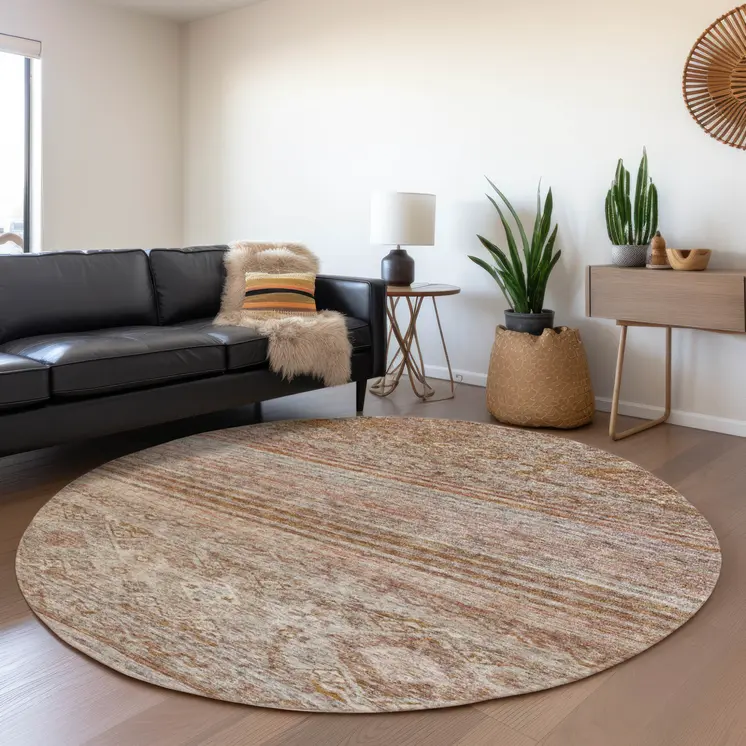 8' Copper Tan And Beige Round Floral Washable Indoor Outdoor Area Rug