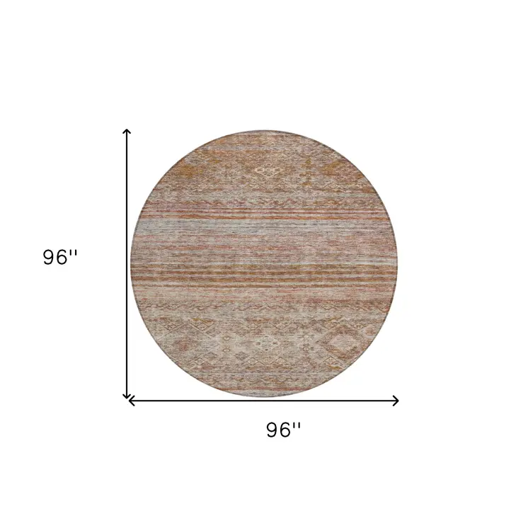 8' Copper Tan And Beige Round Floral Washable Indoor Outdoor Area Rug