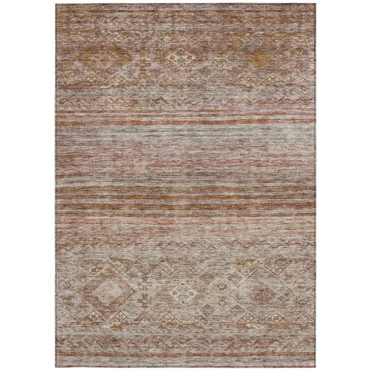 8' X 10' Copper Tan And Beige Floral Washable Indoor Outdoor Area Rug
