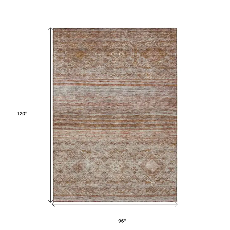 8' X 10' Copper Tan And Beige Floral Washable Indoor Outdoor Area Rug