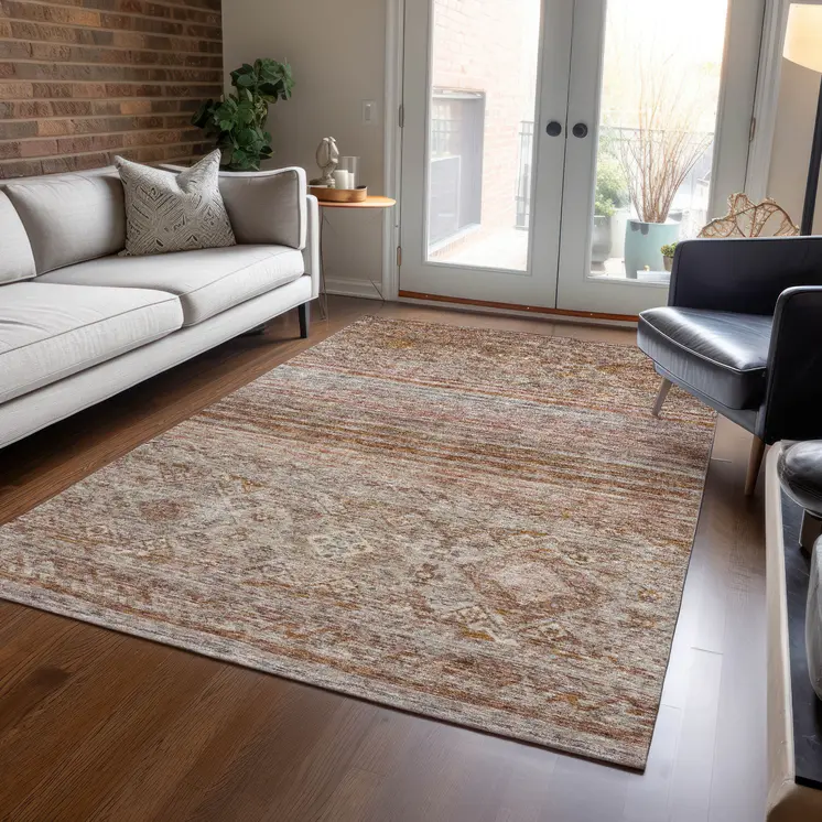 8' X 10' Copper Tan And Beige Floral Washable Indoor Outdoor Area Rug
