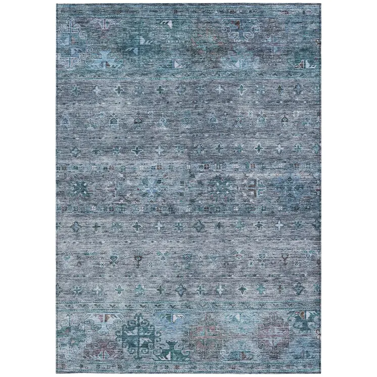 3' X 5' Blue And Gray Floral Washable Indoor Outdoor Area Rug