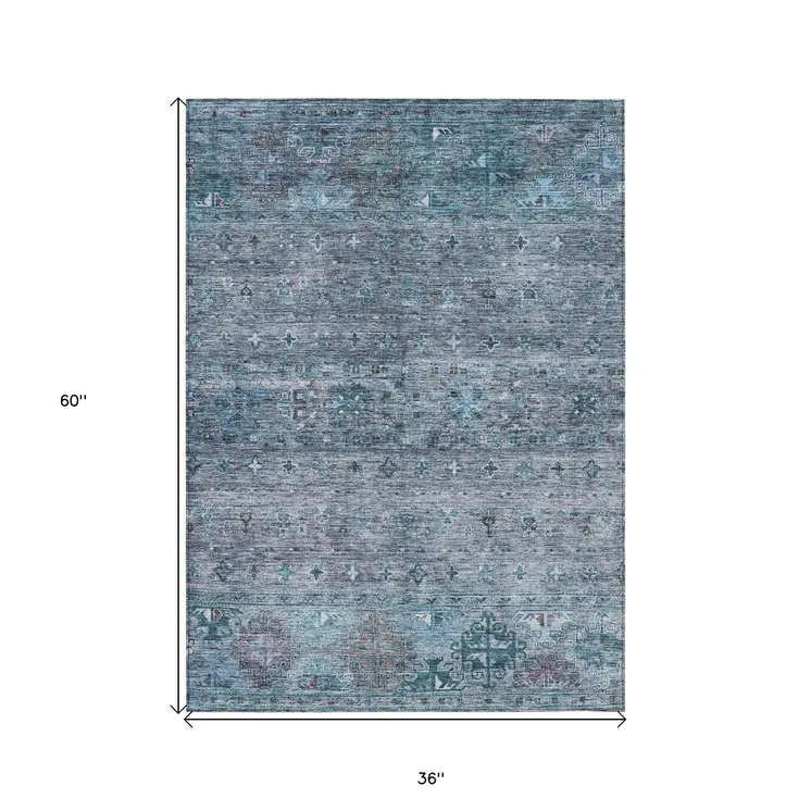 3' X 5' Blue And Gray Floral Washable Indoor Outdoor Area Rug