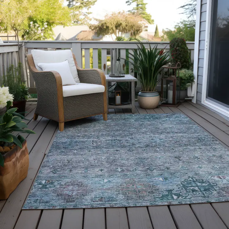 3' X 5' Blue And Gray Floral Washable Indoor Outdoor Area Rug