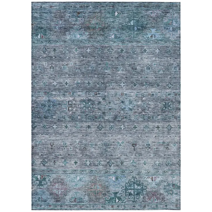 3' X 5' Blue And Gray Floral Washable Indoor Outdoor Area Rug