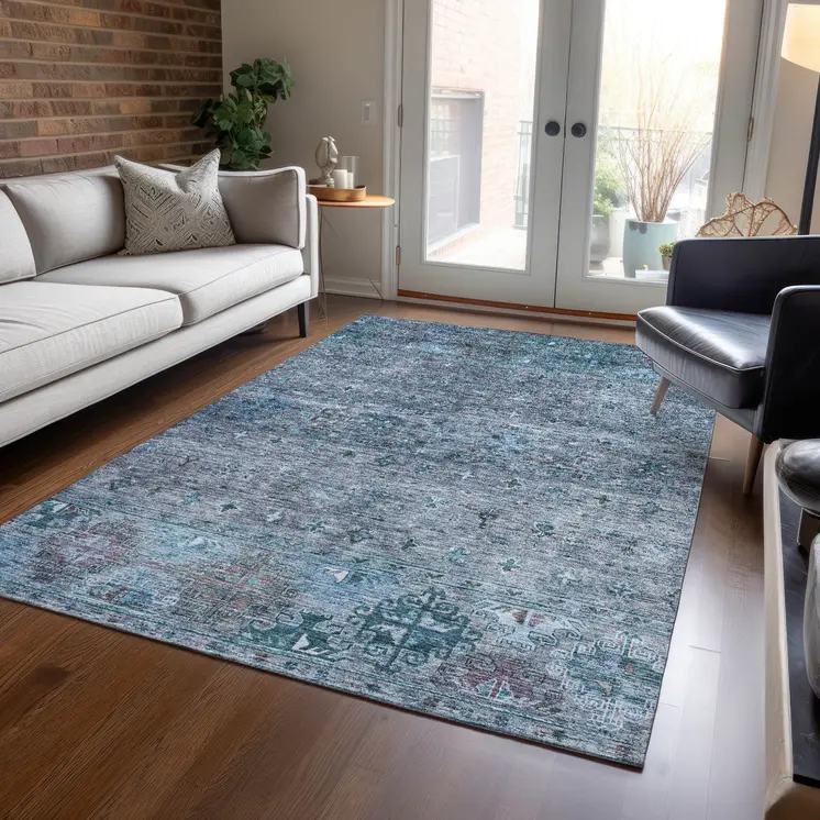 3' X 5' Blue And Gray Floral Washable Indoor Outdoor Area Rug