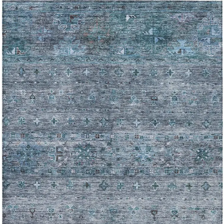 9' X 12' Blue And Gray Floral Washable Indoor Outdoor Area Rug