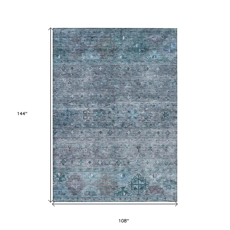 9' X 12' Blue And Gray Floral Washable Indoor Outdoor Area Rug