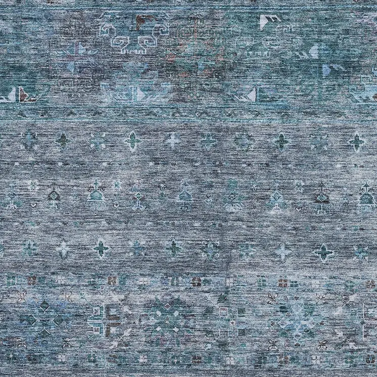 9' X 12' Blue And Gray Floral Washable Indoor Outdoor Area Rug