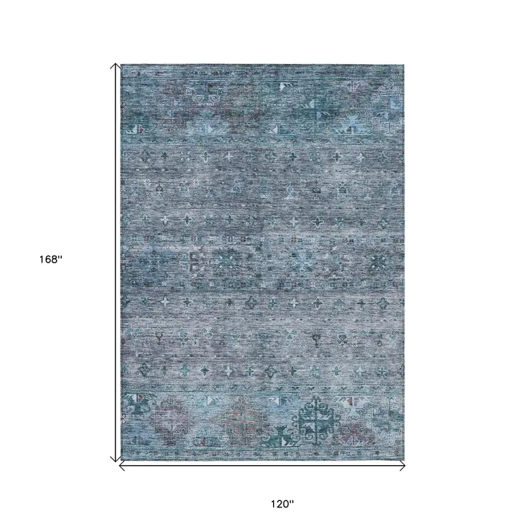 10' X 14' Blue And Gray Floral Washable Indoor Outdoor Area Rug