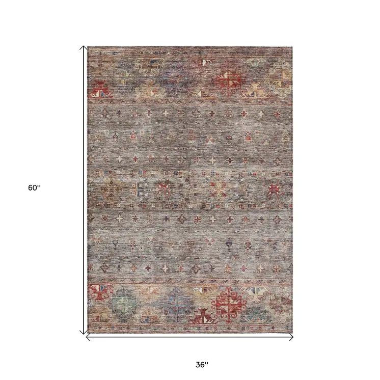 3' X 5' Gray Tan And Terra Cotta Floral Washable Indoor Outdoor Area Rug