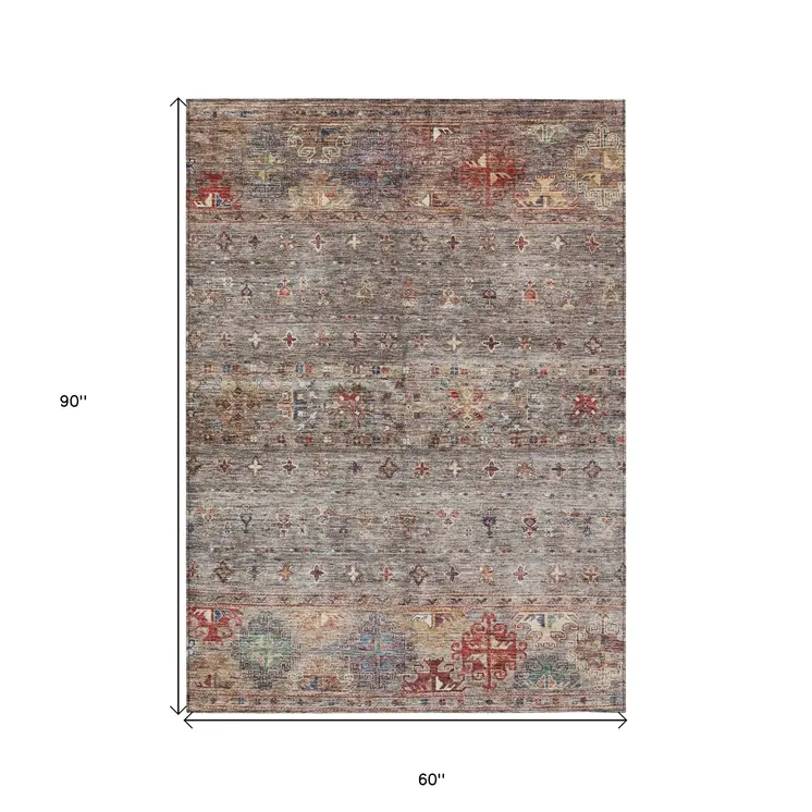 5' X 8' Gray Tan And Terra Cotta Floral Washable Indoor Outdoor Area Rug