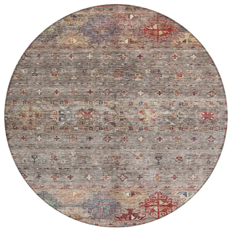 8' Gray Tan And Terra Cotta Round Floral Washable Indoor Outdoor Area Rug
