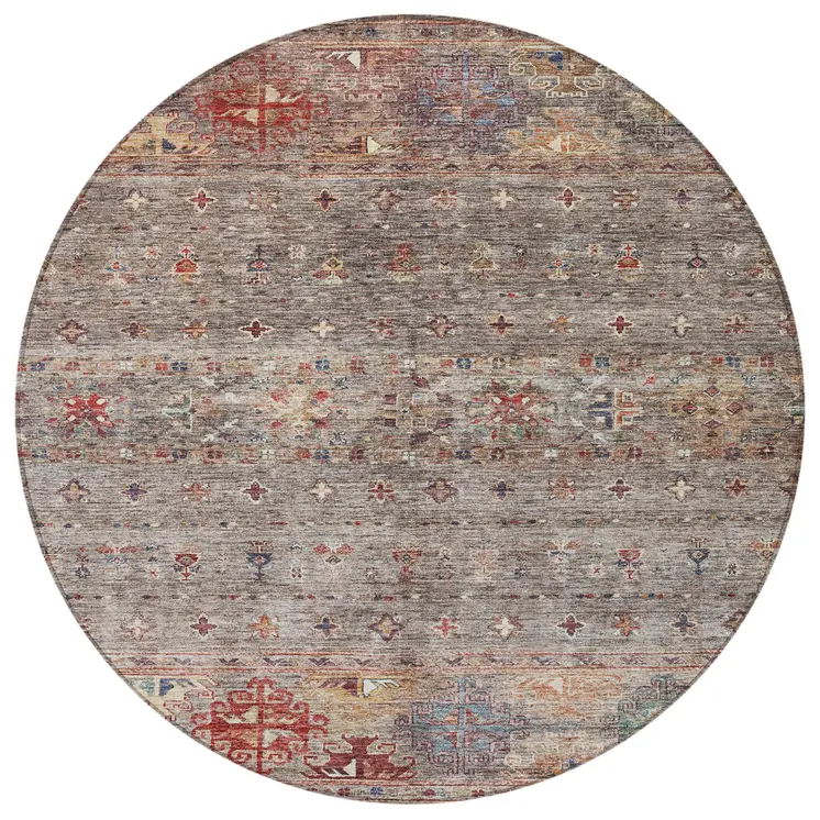 8' Gray Tan And Terra Cotta Round Floral Washable Indoor Outdoor Area Rug
