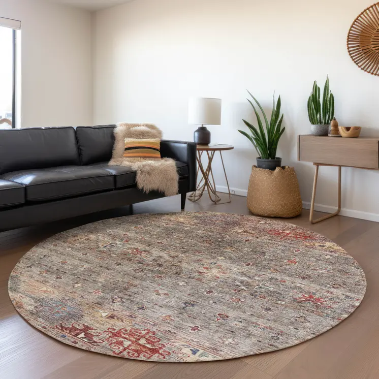 8' Gray Tan And Terra Cotta Round Floral Washable Indoor Outdoor Area Rug