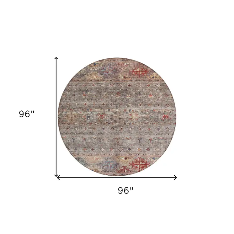 8' Gray Tan And Terra Cotta Round Floral Washable Indoor Outdoor Area Rug