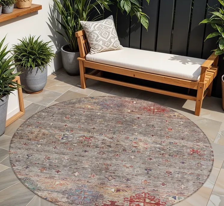 8' Gray Tan And Terra Cotta Round Floral Washable Indoor Outdoor Area Rug