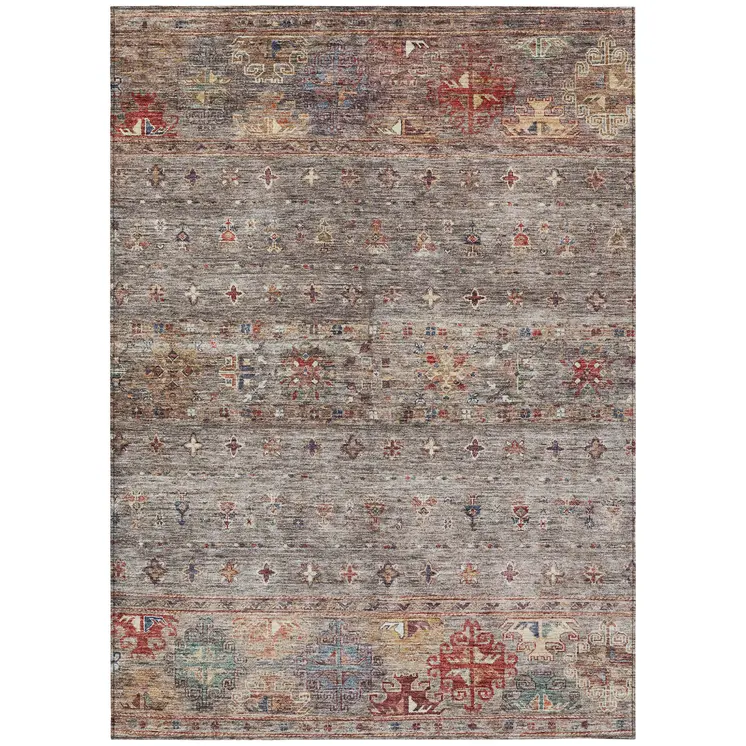 9' X 12' Gray Tan And Terra Cotta Floral Washable Indoor Outdoor Area Rug