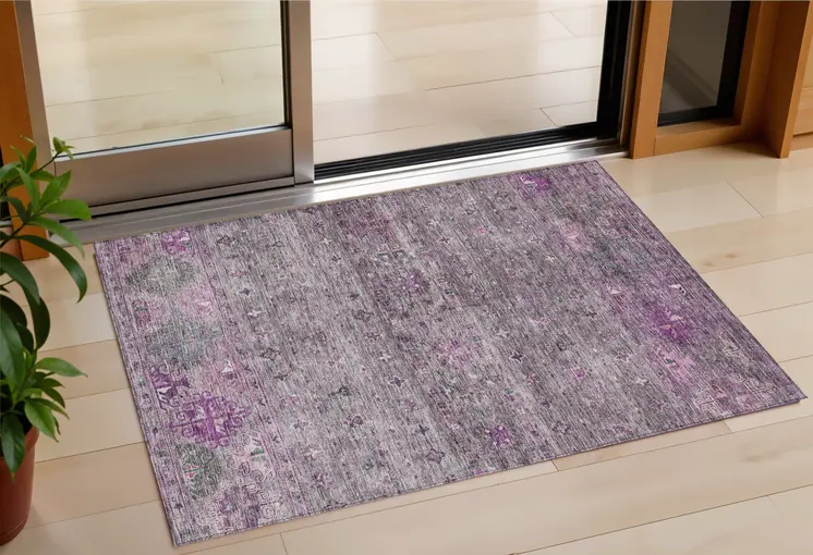 3' X 5' Purple And Gray Floral Washable Indoor Outdoor Area Rug