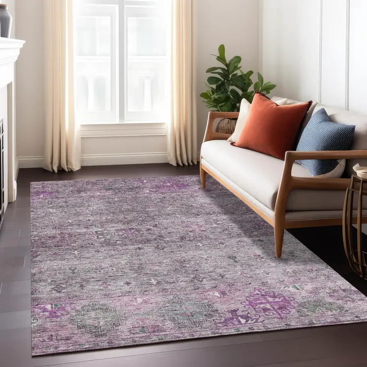 3' X 5' Purple And Gray Floral Washable Indoor Outdoor Area Rug