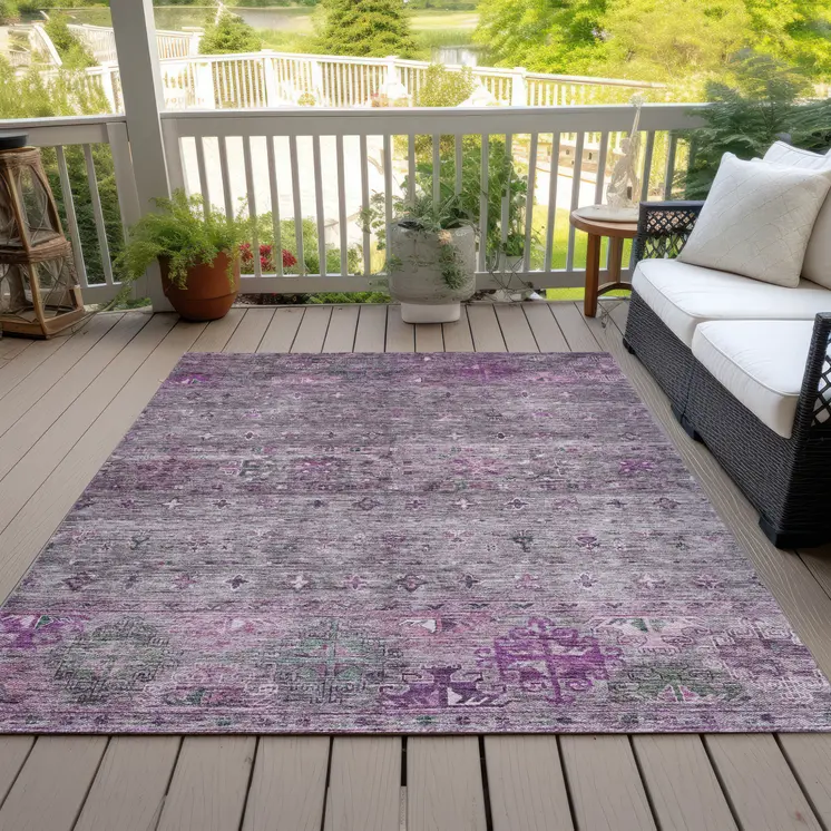 3' X 5' Purple And Gray Floral Washable Indoor Outdoor Area Rug