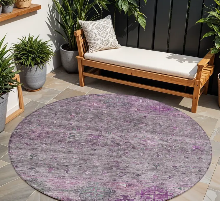 8' Purple And Gray Round Floral Washable Indoor Outdoor Area Rug