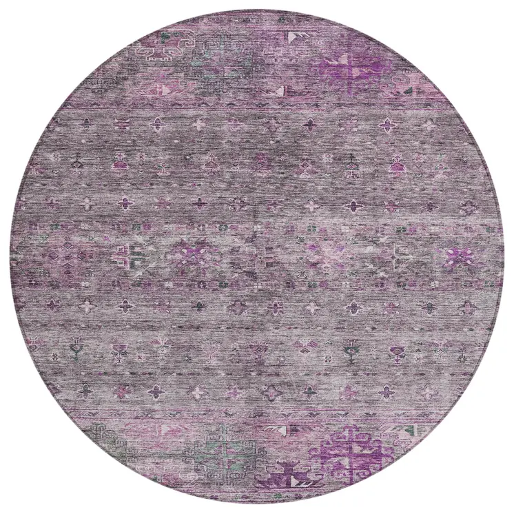 8' Purple And Gray Round Floral Washable Indoor Outdoor Area Rug