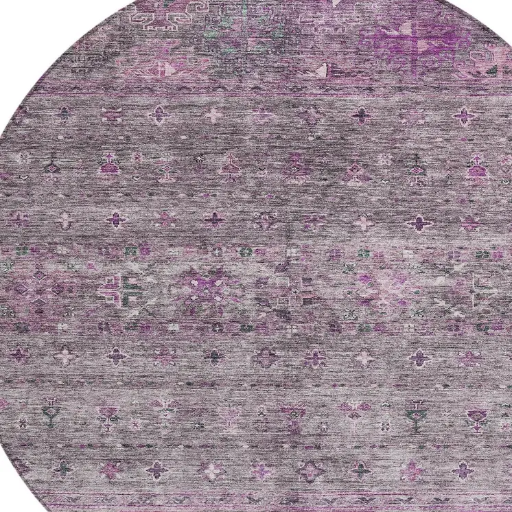 8' Purple And Gray Round Floral Washable Indoor Outdoor Area Rug