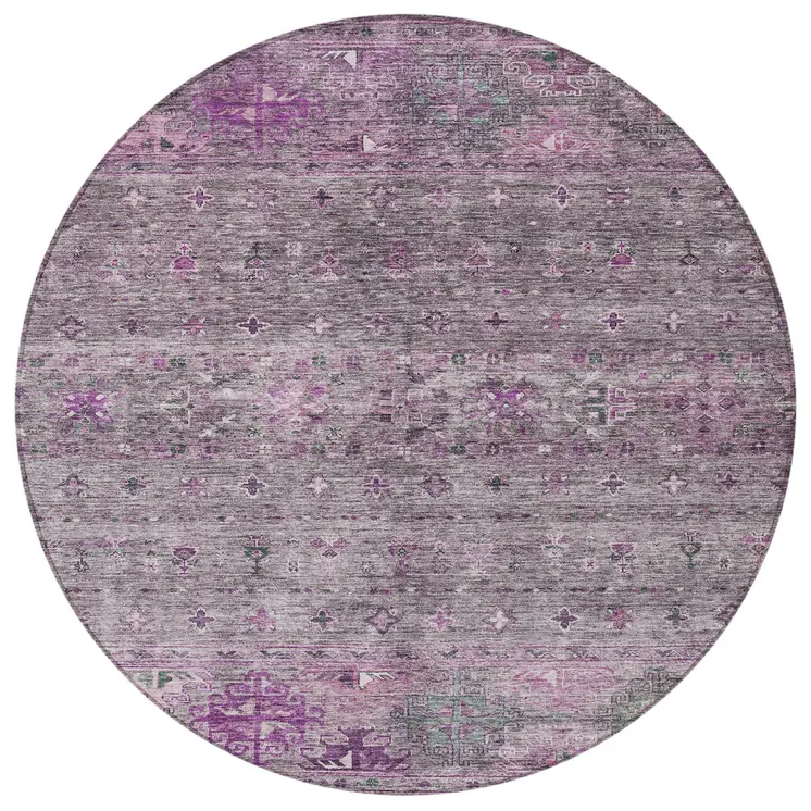 8' Purple And Gray Round Floral Washable Indoor Outdoor Area Rug