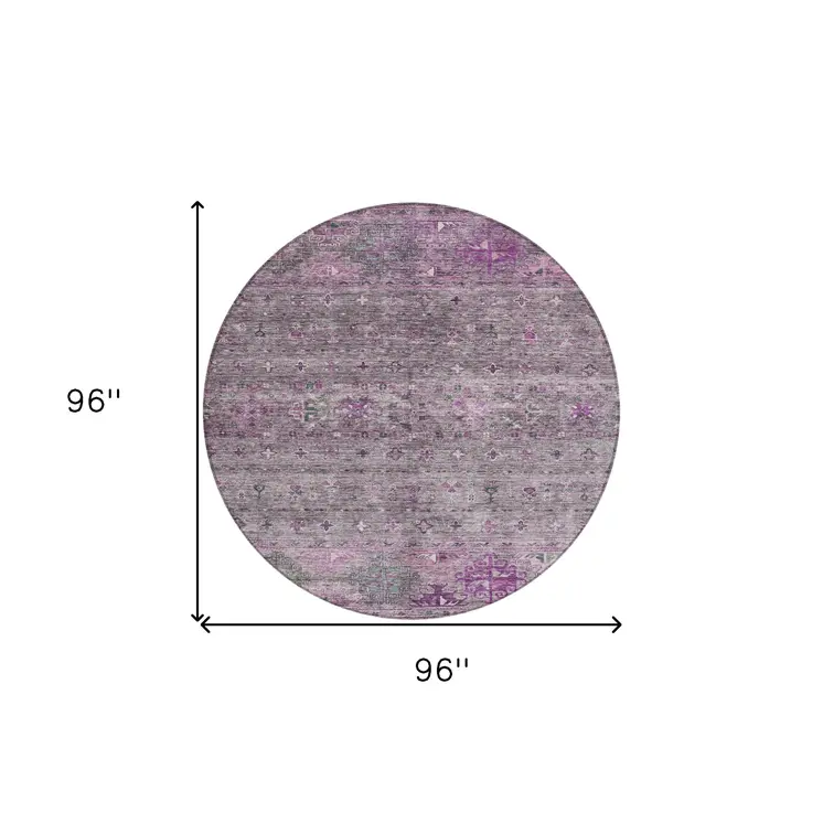 8' Purple And Gray Round Floral Washable Indoor Outdoor Area Rug
