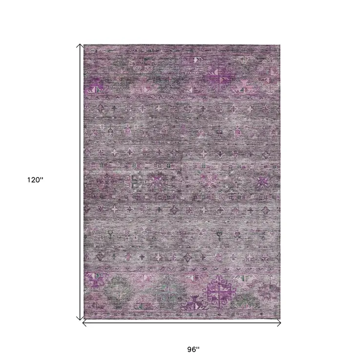 8' X 10' Purple And Gray Floral Washable Indoor Outdoor Area Rug