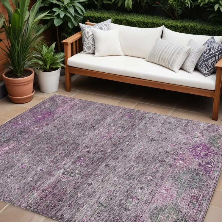8' X 10' Purple And Gray Floral Washable Indoor Outdoor Area Rug