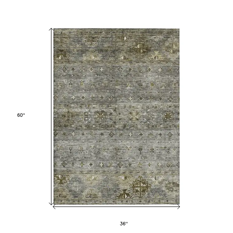 3' X 5' Pewter And Gray Floral Washable Indoor Outdoor Area Rug