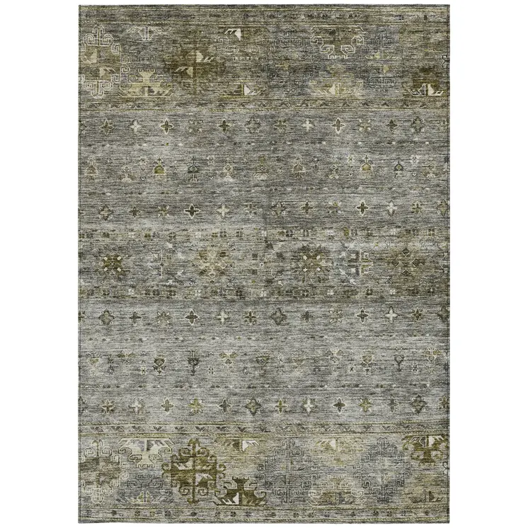 5' X 8' Pewter And Gray Floral Washable Indoor Outdoor Area Rug