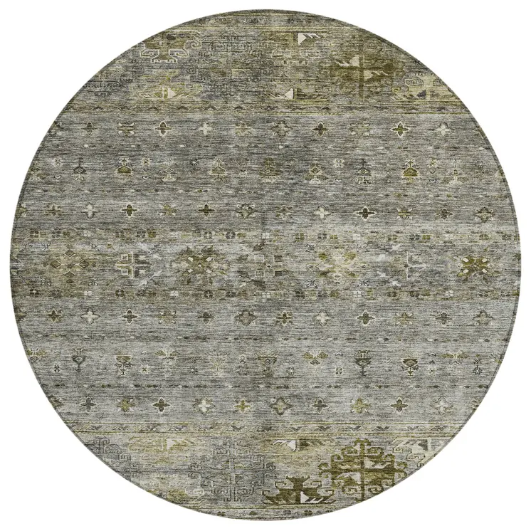 8' Pewter And Gray Round Floral Washable Indoor Outdoor Area Rug