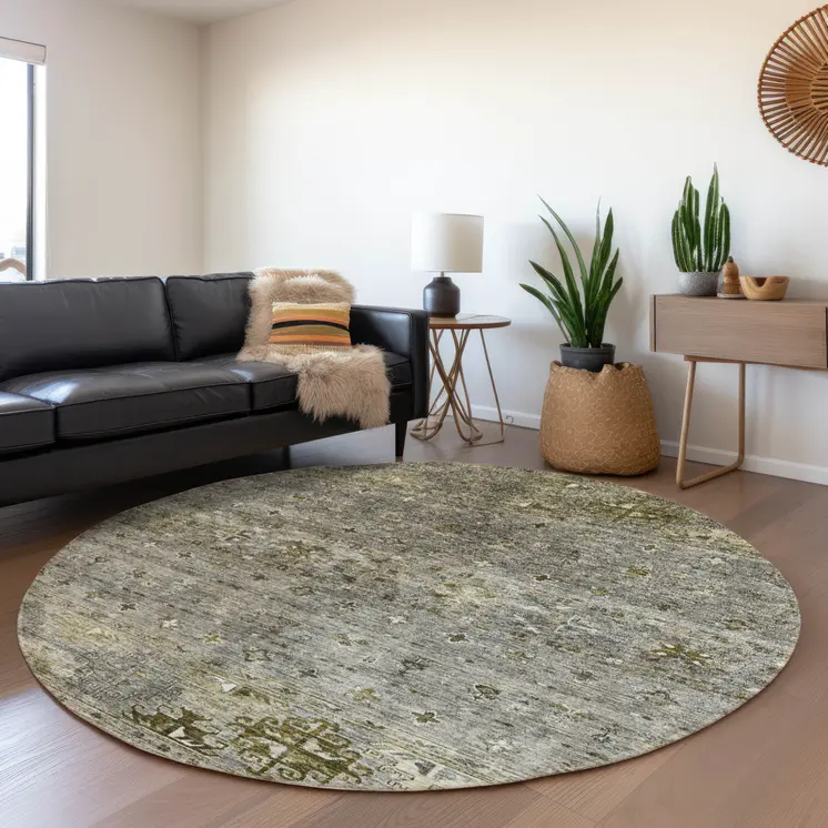 8' Pewter And Gray Round Floral Washable Indoor Outdoor Area Rug
