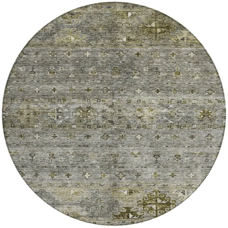 8' Pewter And Gray Round Floral Washable Indoor Outdoor Area Rug