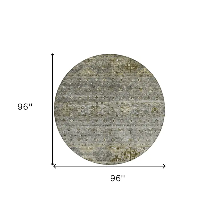 8' Pewter And Gray Round Floral Washable Indoor Outdoor Area Rug